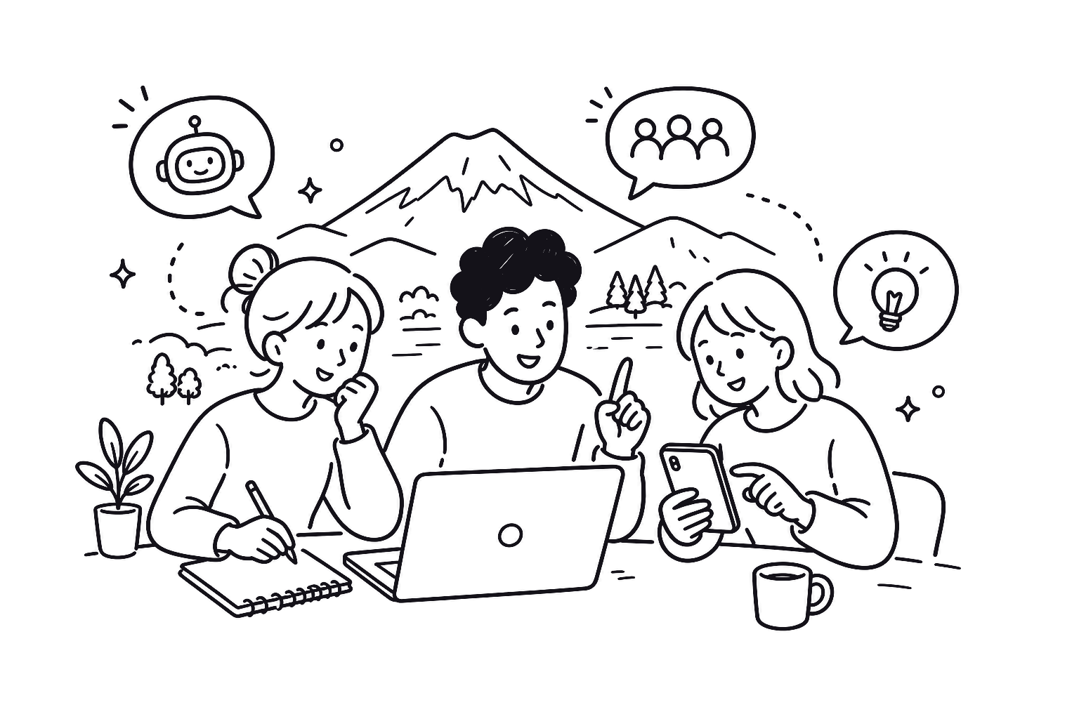 スマートフォンとノートパソコンを囲んでAIを学ぶ参加者の手書きイラスト