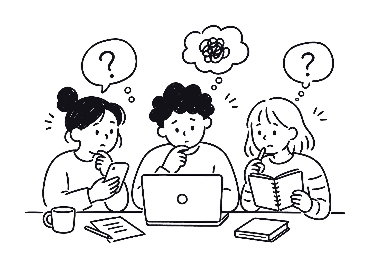 AIの始め方に悩む三人の手書きイラスト
